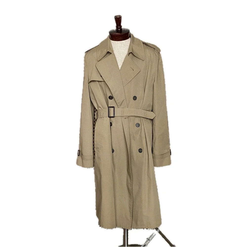 VTG Designer Trench Clarendon Cloth Tan Khaki Double Breasted‎ Belted Coat Sz 42